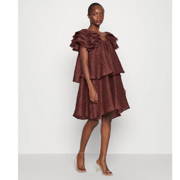 Custommade Kaeyla Ruffle Dress Brown Large NWT - Picture 2 of 11